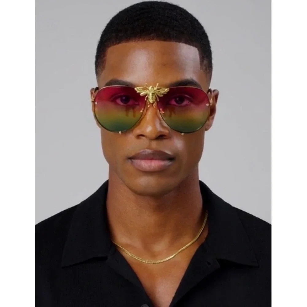 Men Sunglasses Rainbow Lens Gold Frame Fashion Statement Sun Glasses Hip Hop New